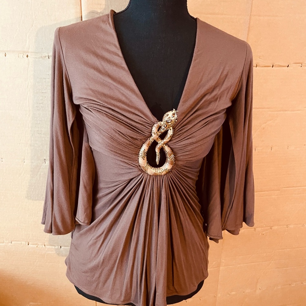 Sky Brown Top with Gold Jeweled Snake Embellishment